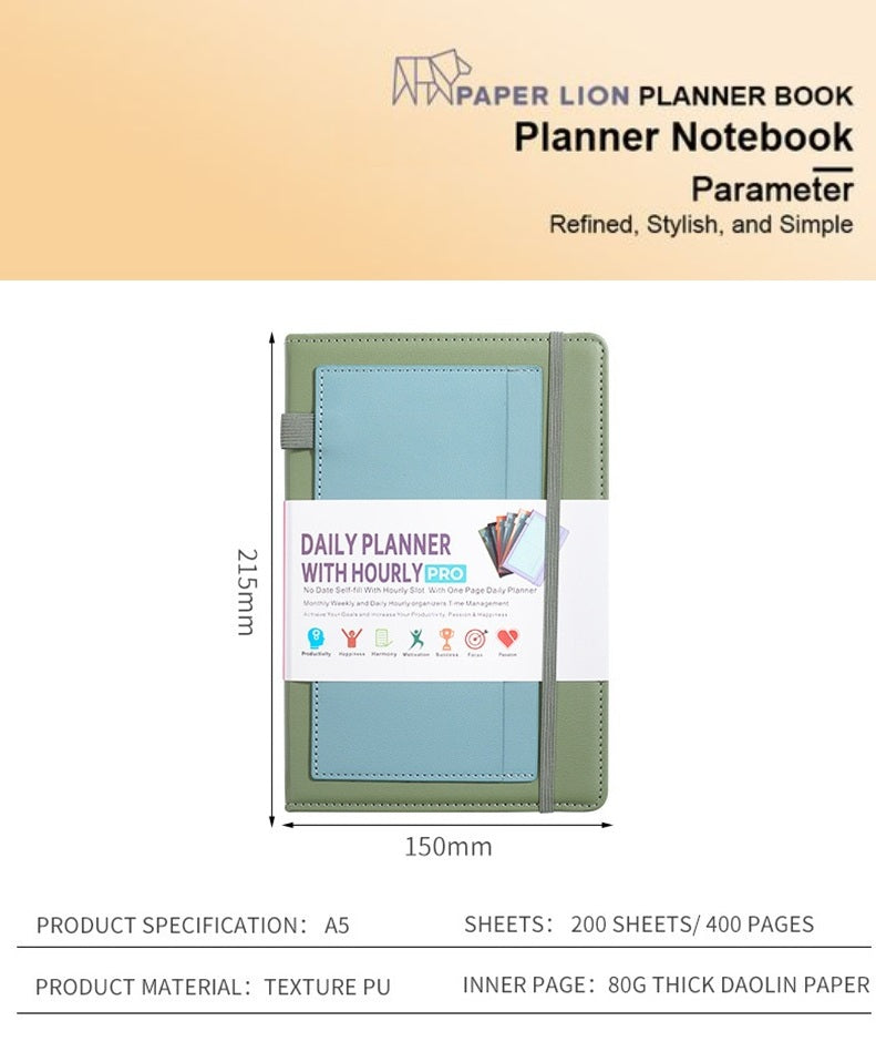 Paper Lion A5 PU Leather Cover Daily/Hourly Planner Book with stickers