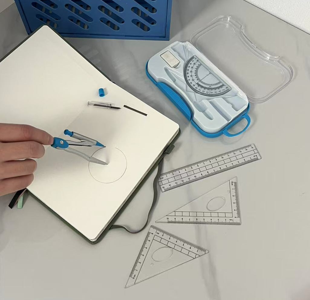 7 Pieces Complete Geometry Maths Set with Metal Compass - Set of 2