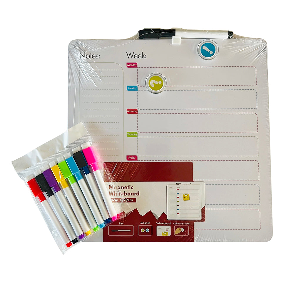 Metal Magnetic Whiteboard and 8 Coloured Markers -Week Planner