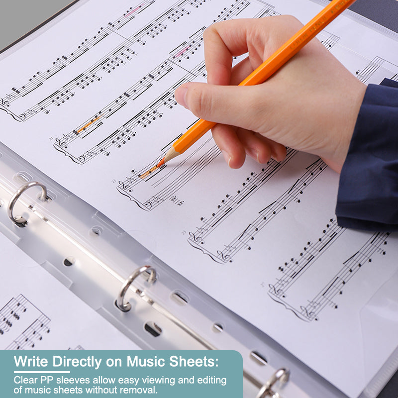 A4 Music Score Folder with 4 Ring Stainless Steel Binders & Sleeve Pockets