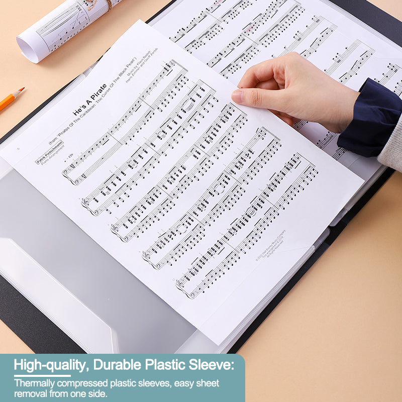 A4 Music Score Folder with 4 Ring Stainless Steel Binders & Sleeve Pockets