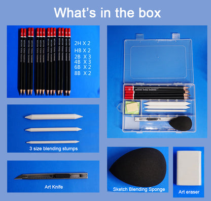 21-Piece Sketching Pencil Set with Blending Stumps, Eraser & Knife