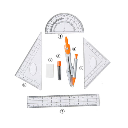 7 Pieces Complete Geometry Maths Set with Metal Compass - Set of 2