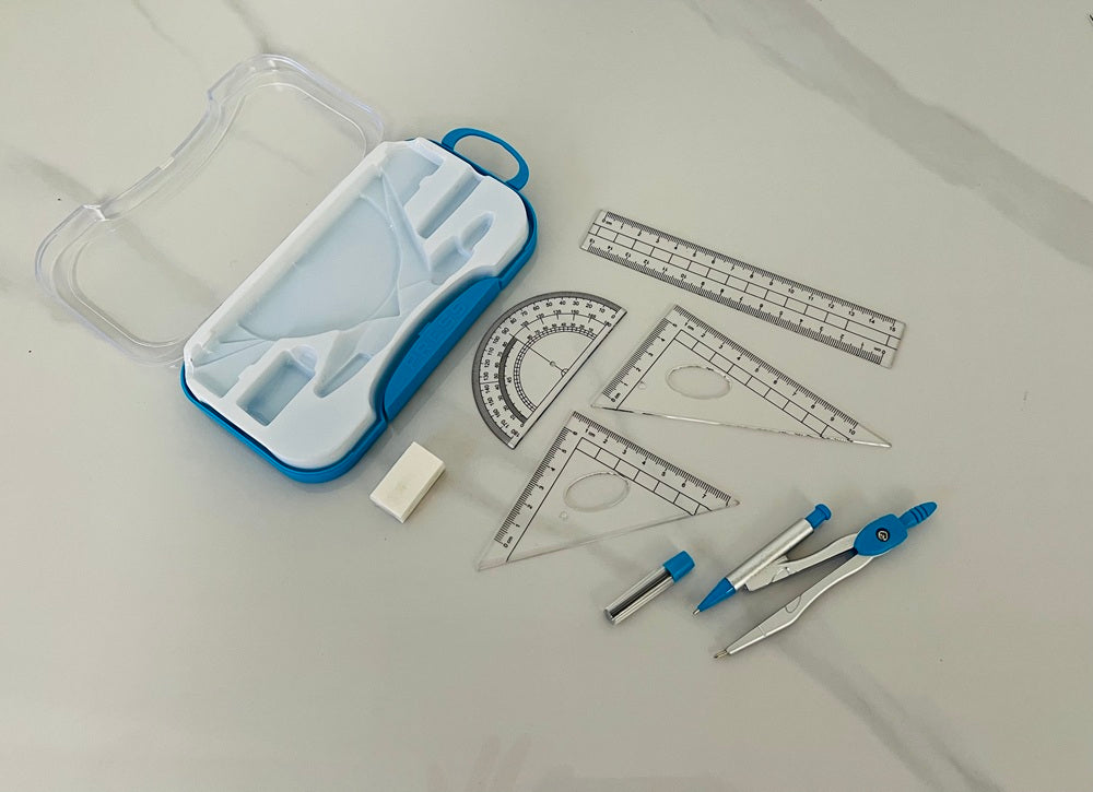 7 Pieces Complete Geometry Maths Set with Metal Compass - Set of 2