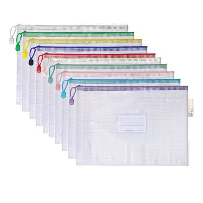 10 Pcs A4 Semi Transparent Mesh File Zip Lock Bag with Tag Pocket